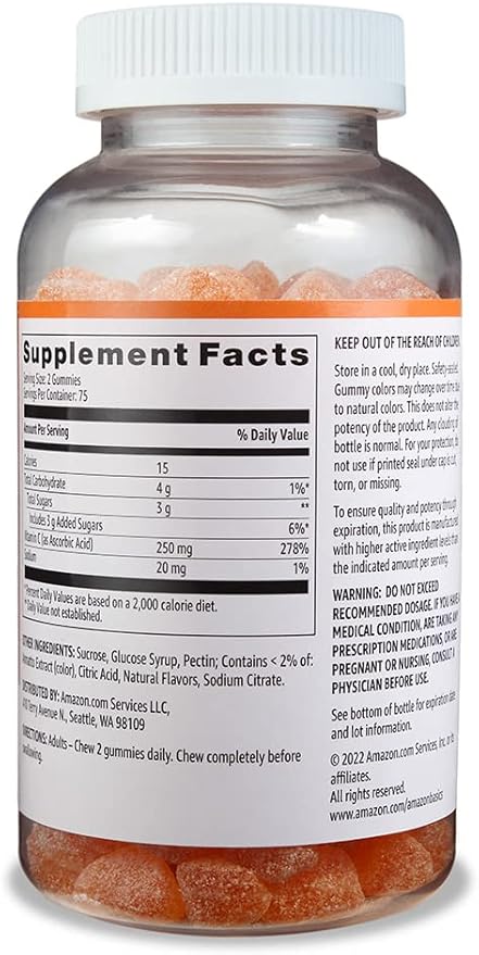 Amazon Basics Vitamin C Gummies, Sour Orange Flavor, 250 mg, 150 Count, Vegetarian, Immune Health Support (Previously Solimo)