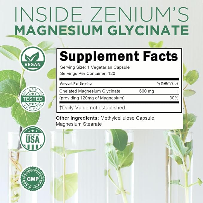 Zenium - Magnesium Glycinate for Sleep, Chelated, 600mg per Serving, 120 Capsules | High Absorption | Relieve Tension, Worry, Nervousness | Calm The Mind & Body | Ayurvedic | Natural Relief Supplement