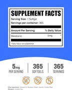 BulkSupplements.com Melatonin 5 mg Softgels – Sleep Supplement for Adults, 5 mg per Serving, Gluten Free, 1 Softgel per Serving, 365 Count (Pack of 1)