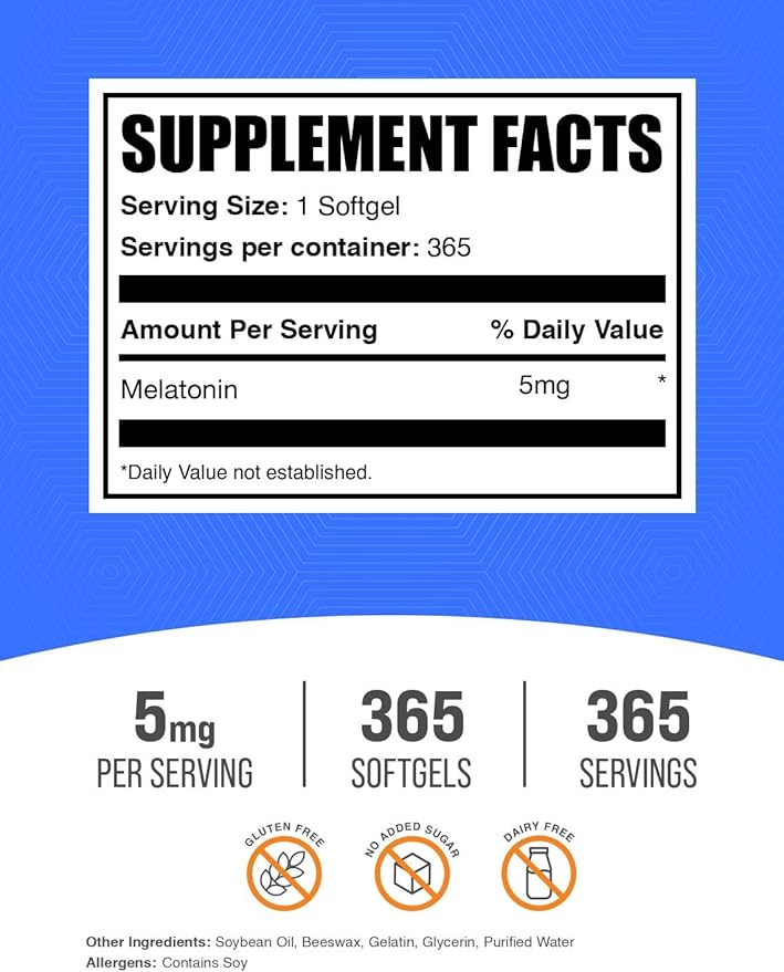 BulkSupplements.com Melatonin 5 mg Softgels – Sleep Supplement for Adults, 5 mg per Serving, Gluten Free, 1 Softgel per Serving, 365 Count (Pack of 1)