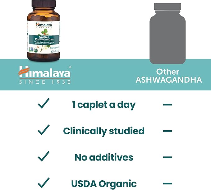 Himalaya Organic Ashwagandha Root, 30 Day Supply - Herbal Adrenal Support Supplements for Stress Relief and Energy Support - USDA Organic, Non-GMO, Vegan, Gluten Free, No Additives, 670 mg, 30 Caplets