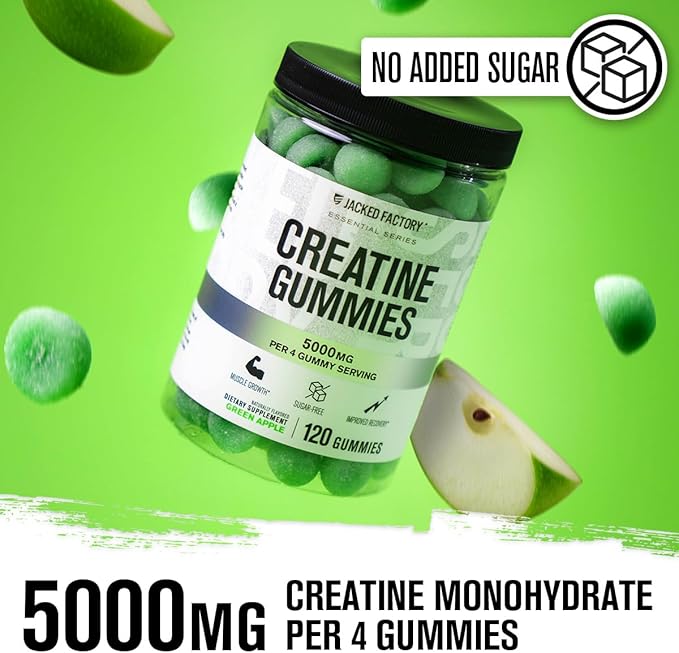 Jacked Factory Sugar Free Creatine Gummies - 5g Daily Dose (1.25g per Gummy) - Creatine Gummy Sugar Free for Men and Women, Vegan-Friendly, Third-Party Tested - 120 Gummies, Green Apple