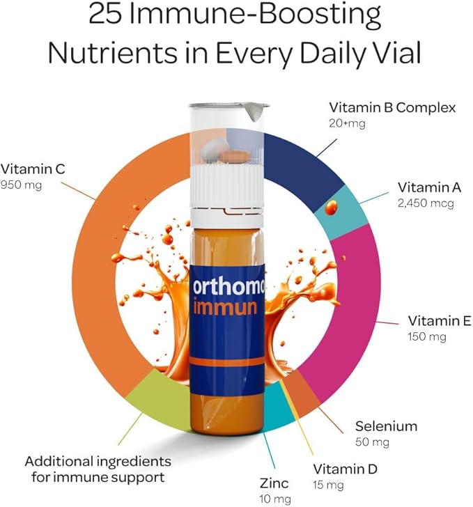 Orthomol Immun, Immune Support Vials for Adults with Vitamin C, Zinc, Selenium, Iodine, Vitamin D, E, A ,B, Calcium, 25+ Immune Boost Nutrients, 1 Serving Per Day for Daily Health (30 Day Supply)