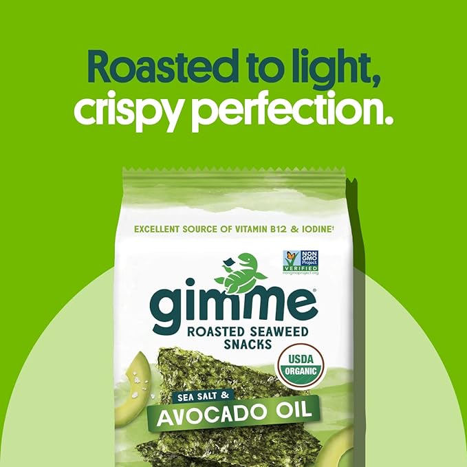Gimme Seaweed Organic Premium Roasted Seaweed Snacks,Sea Salt & Avocado Oil,Keto,Vegan,Gluten-Free,Great Source of Omega3s and Iodine,Healthy On-The-Go Snack for Kids and Adults,6 Count (Pack of 2)