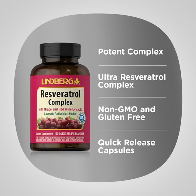 Lindberg Resveratrol Supplement | 120 Capsules | Complex with Grape Seed and Red Wine Extract | Non-GMO, Gluten Free