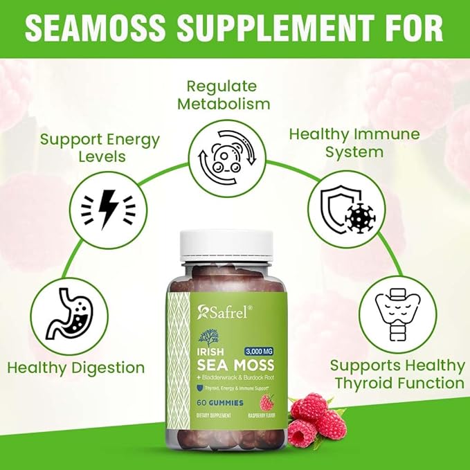 Safrel Irish Sea Moss Gummies 3000mg with Bladderwrack and Burdock Root, Thyroid Energy and Immune Support, Vegan Raspberry Flavor, 60 Gummies