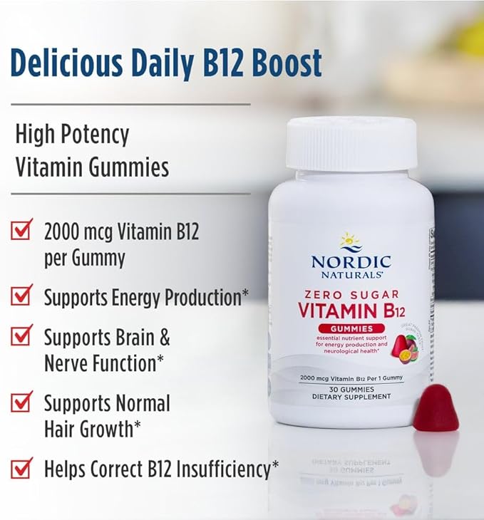 Nordic Naturals Zero Sugar Vitamin B12 Gummies - 2000 mcg Vitamin B12 per Gummy, Passion Fruit Guava Flavor - 30 Gummies, Essential Nutrient Support for Energy Production and Brain Health, 30 Servings