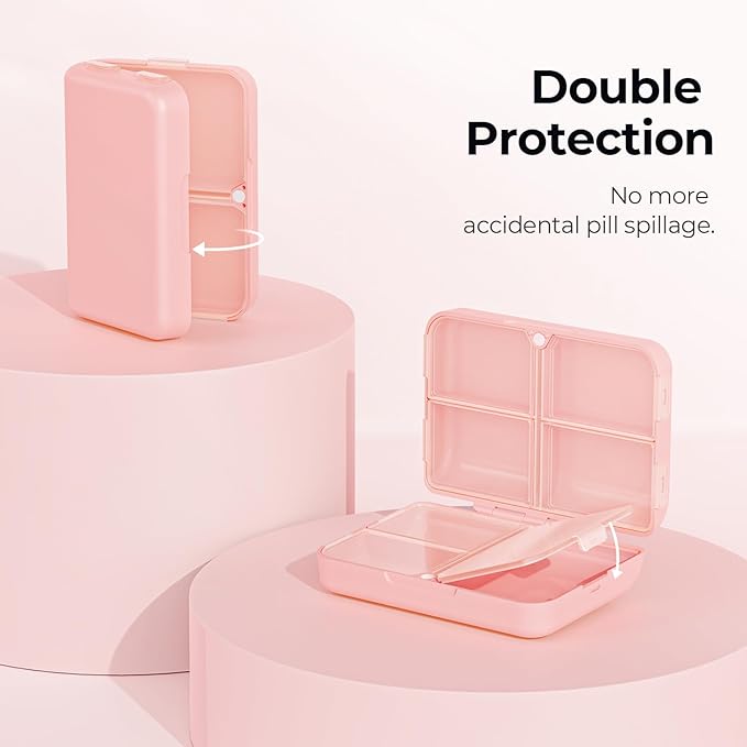 AUVON Daily Pill Organizer Fit with Your Purse or Pocket, Compact Travel Pill Box Case with Slim Folding Design and Long-Lasting Hinges to Hold Vitamin, Fish Oil, Supplement or Jewelry(Pink)
