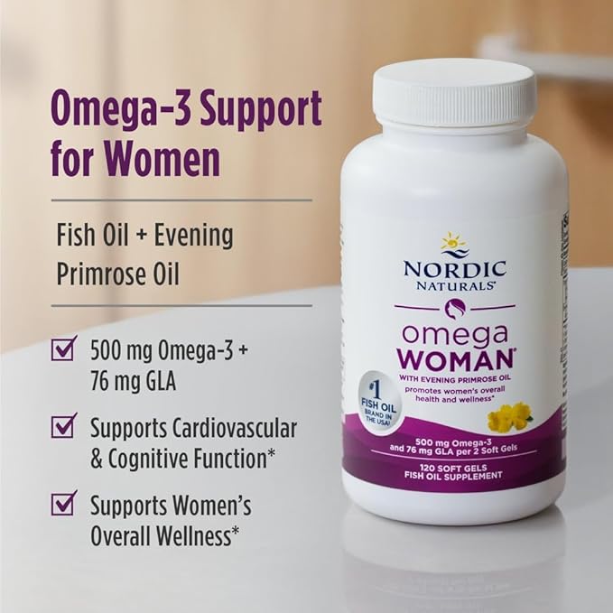 Nordic Naturals Omega Woman, Lemon - 120 Soft Gels - 500 mg Omega-3 + 800 mg Evening Primrose Oil - Healthy Skin & Optimal Wellness - Non-GMO - 60 Servings