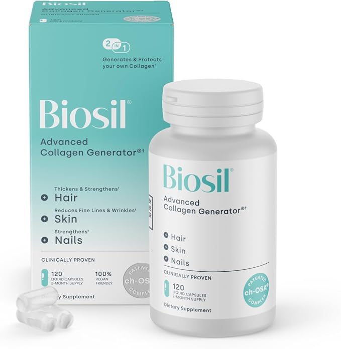 Biosil Collagen Booster Supplement - 120 Vegan Capsules - Patented ch-OSA Activator for Skin, Hair, Nails & Joints - Supports Natural Production - 60-Day Supply