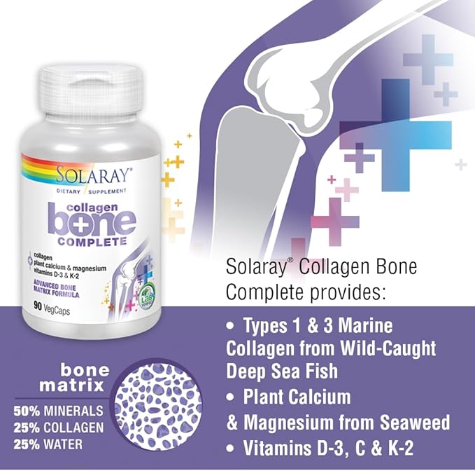Solaray Collagen Bone Complete - Marine Collagen Capsules with Calcium, Magnesium, & Vitamin D3 for Women & Men, Bone Strength & Health Support - 90 Capsules