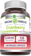 Amazing Formulas Cranberry Concentrate 30,000 mg with Vitamin C Supplement | Veggie Capsules | Super Strength | Non-GMO | Gluten Free | Made in USA (1 Pack, 240 Count)