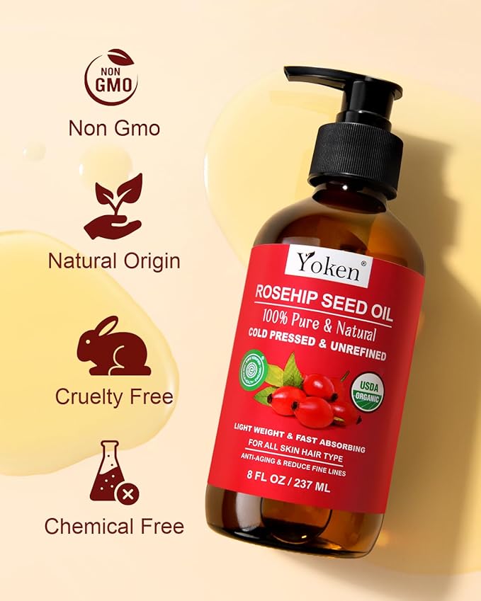 Yoken Rosehip Seed Oil Organic, USDA Certified 100% Pure Rosehip Oils for Skin & Hair, 8 fl oz Cold Pressed Rose Hip Oil for Full Body Care, Moisturizing, Gua Sha, Massage, Carrier Oil