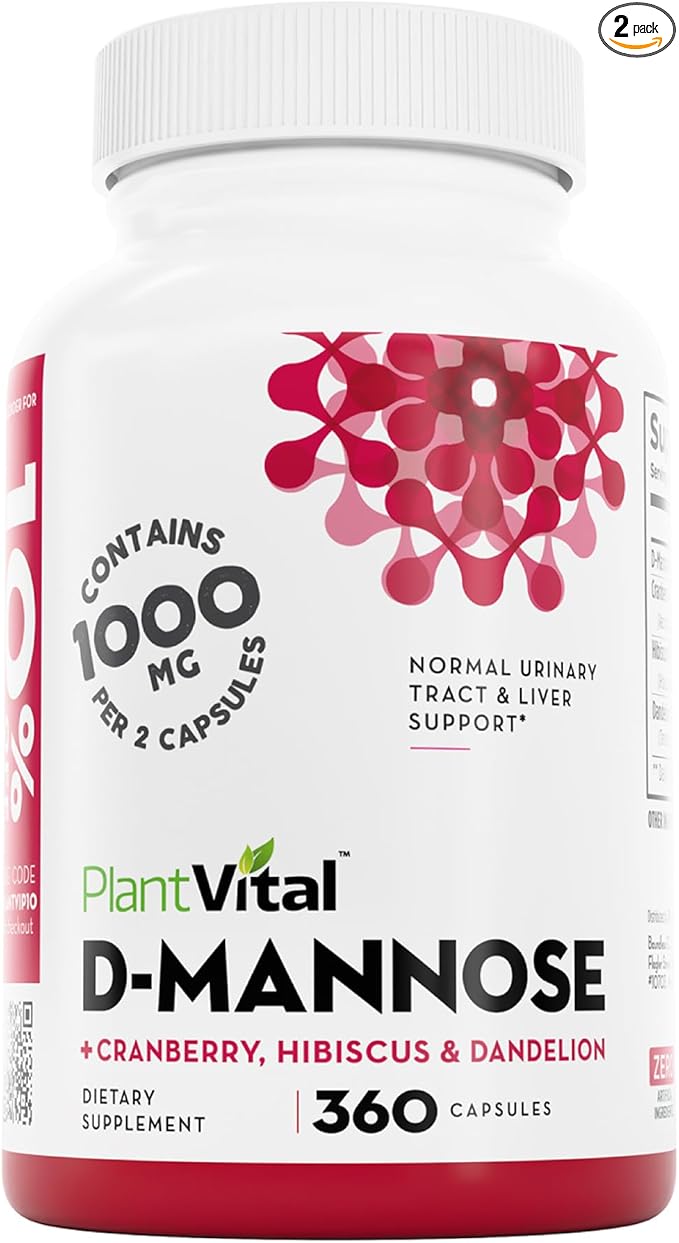 Plantvital D Mannose Capsules with Cranberry - D-mannose 1000mg per serving - High Potency for Bladder, Kidney and Urinary Tract Support - Cranberry Powder with Hibiscus and Dandelion- 6 Months Supply