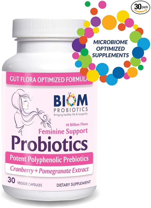 Biom Complete Feminine Balance Women's Daily Probiotics + Prebiotics with Organic Cranberry & Pomegranate with Lactobacillus crispatus, Gluten &, Dairy-Free. 30 Servings