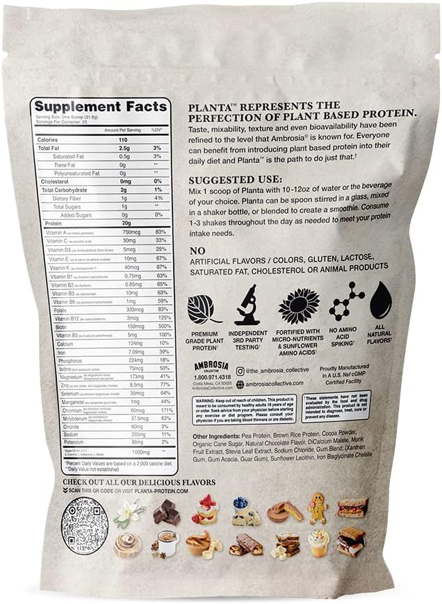 Ambrosia Planta - Plant-Based Protein Powder 20g | Dairy Free Vegan Protein Powder with BCAA Amino Acids | Keto-Friendly, No Added Sugar | 25 Servings | Melted Chocolate