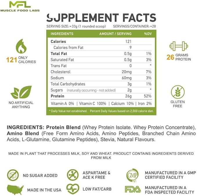 MFL Muscle Whey Protein l 28g of Protein l 8g BCAAs l Keto Friendly l Low Carbs l 2 lbs (Vanilla Bean)