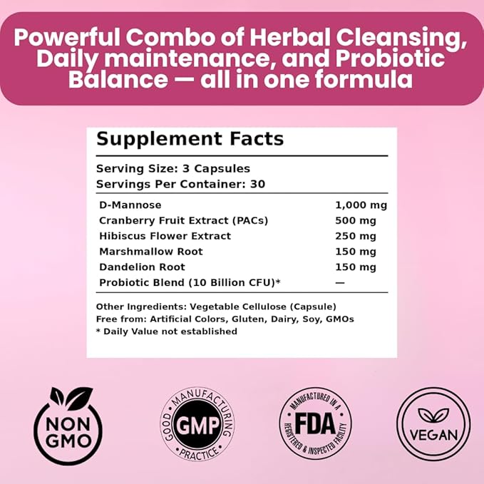 UTI Defense+ – D-Mannose, Cranberry, Hibiscus & Dandelion – Urinary Tract Support for Women – Promotes Bladder Health, Odor Control & pH Balance – 90 Vegan Capsules