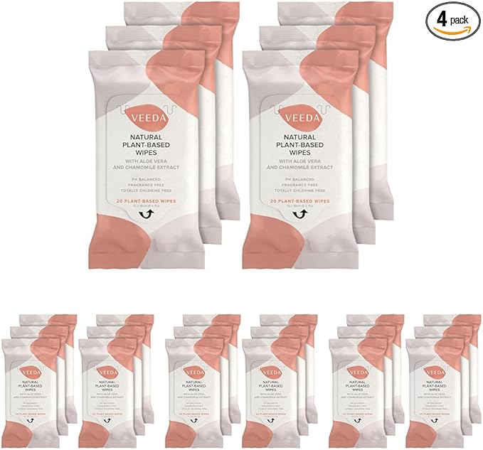 Veeda Plant-Based Feminine Wipes – pH-Balanced, Hypoallergenic & Biodegradable Wipes for Sensitive Skin, Fragrance-Free Travel Sized Wipes – 120 Count (Pack of 4)