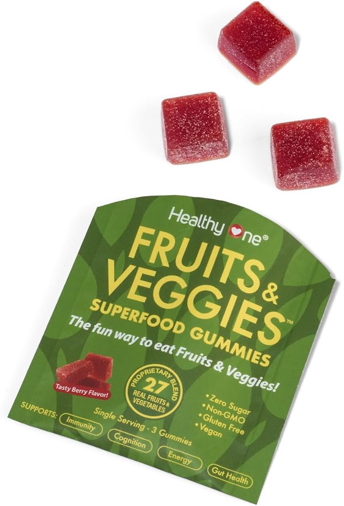 Fruits & Veggies Sugar-Free Gummies - 27 Whole Foods - Equals 3 Servings of Fruits & Vegetables - Improve Energy, Focus & Immune Function - Fiber - Antioxidants - Organic Ingredients - 28 Packets