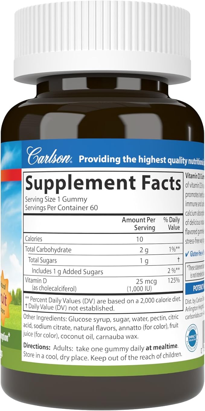 Carlson - Vitamin D3 Gummies, 1000 IU (25 mcg), Bone Health, Immune Support & Calcium Absorption, Natural Fruit Flavors, 60 Vegetarian Gummies