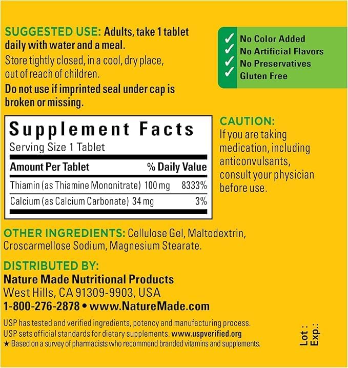 Nature Made Vitamin B1 100mg, Dietary Supplement for Energy Metabolism Support, 100 Tabletss, 100 Day Supply.
