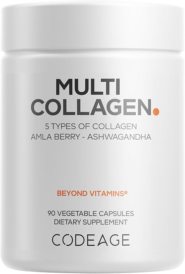 Codeage Multi Collagen Peptides Protein Capsules, 5 Collagen Types, Grass-Fed & Hydrolyzed Bovine Collagen Pills Supplement, Ashwagandha, Amla Berry Vitamins, Collagen Peptides - 90 Capsules