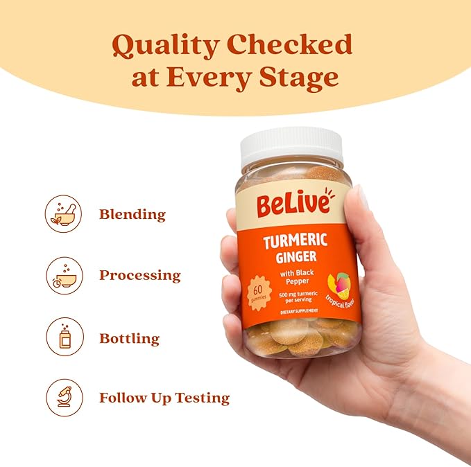 BeLive Turmeric and Ginger Gummies - 500mg - Joint and Mobility Support Supplement - Curcumin with Black Pepper for Enhanced Absorption - Tropical Flavor - 3 Pack, 180 Count