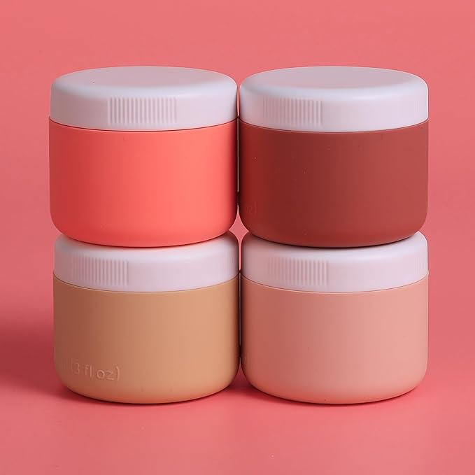 Kuangre Travel Containers for Toiletries, Silicone Cream Jars BPA-Free, Leak-proof 3oz Travel Size Containers, Portable Size Silicone Jars with Lid for Cosmetic Face Hand Body Cream (4 Pack)