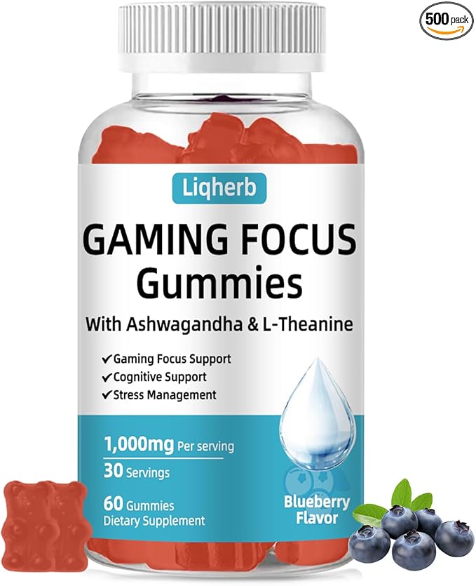 Focus Gummy for Gaming: with L-Theanine, Ashwagandha & Taurine, Stress Relief, Energy & Focus, for Gamers & Pros, Caffeine-Free, Sugar-Free Blueberry Flavor, Vegan, Non-GMO, Gluten Free, 60