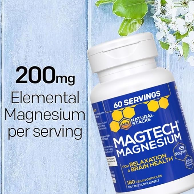 MagTech Magnesium Supplement - 3 Forms of Magnesium: Magtein L-Threonate, Glycinate & Taurate - 200mg Chelated Magnesium Complex - Supports Relaxation & Brain Health - 180 Capsules