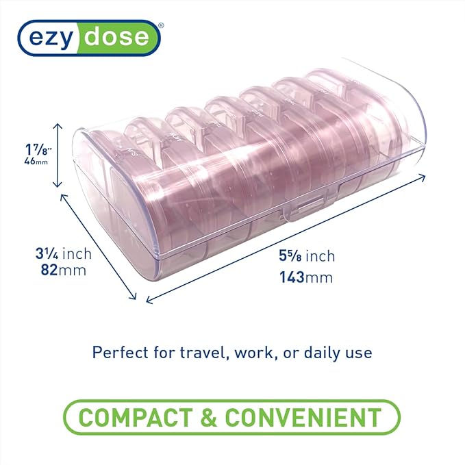 EZY DOSE Weekly (7-Day) Daily Individual AM/PM Pill Organizer with Case, Portable Medication Dispenser, Travel-Friendly Durable Pill Container, 2X Day Compartments for Vitamins and Supplements, Pink