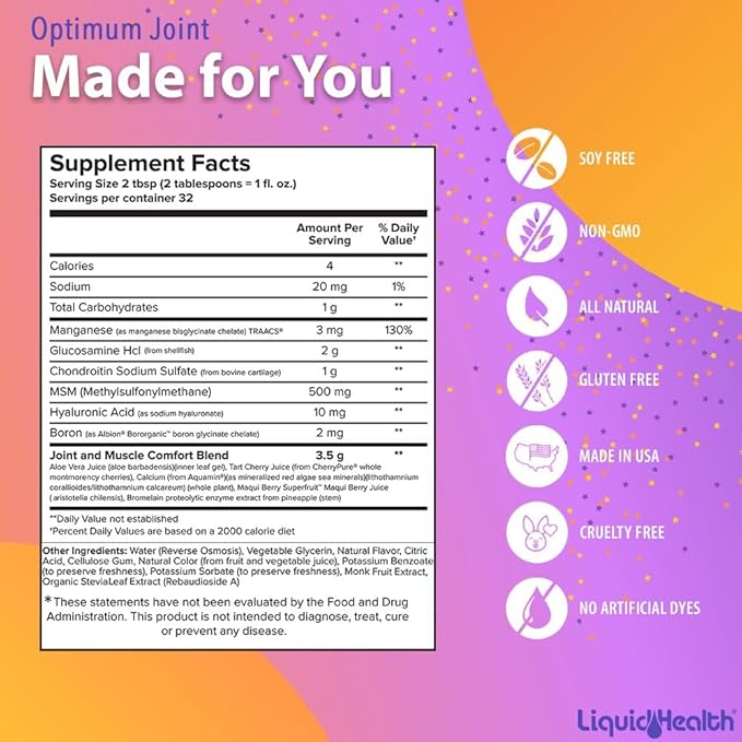 LIQUIDHEALTH Optimum Joint Support Supplement with Glucosamine, Chondroitin, MSM, Hyaluronic Acid - Triple Strength Liquid Vitamins, Gluten-Free, Dairy-Free, Soy-Free Joint Juice, Made in USA (32 oz)
