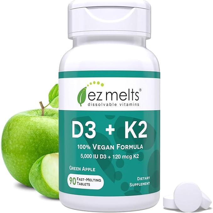 EZ Melts Dissolvable Vegan Vitamin D3 + K2 5,000 IU - Bone & Heart Health Support - Immune Function Support - No Artificial Flavors - Non-GMO - Green Apple - 90 Dissolvable Tablets (90 Servings)