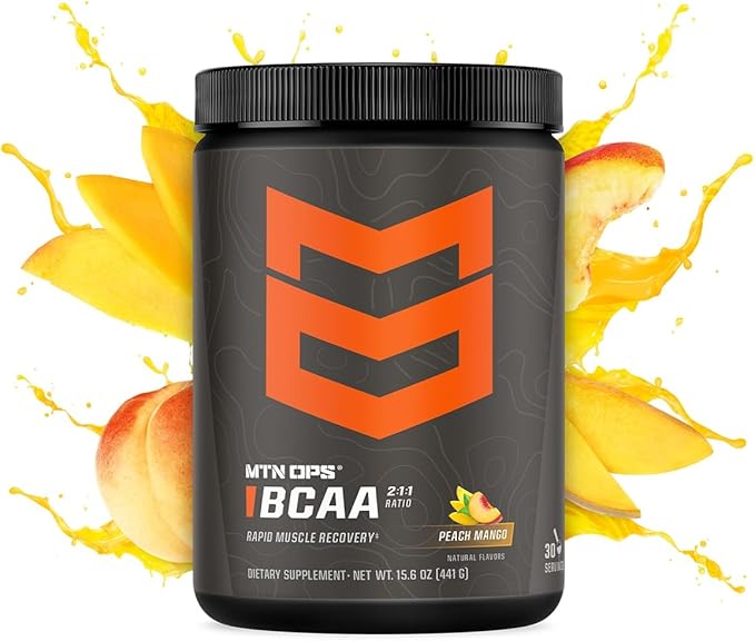 MTN OPS BCAA Powder 2:1:1 Amino Acids Supplement Powder for Rapid Muscle Recovery & Repair with Zero Sugar & Gluten Free - 30 Servings, Peach Mango