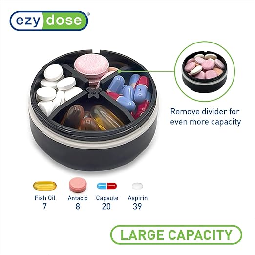 EZY DOSE Mini Vitamin Organizer, Multi Compartments, Portable and Compact Design, Easy Access Sliding Pill Dispenser, Supplement Organizer with Anti-Mix Design, Travel Friendly, Small, Black and Cream