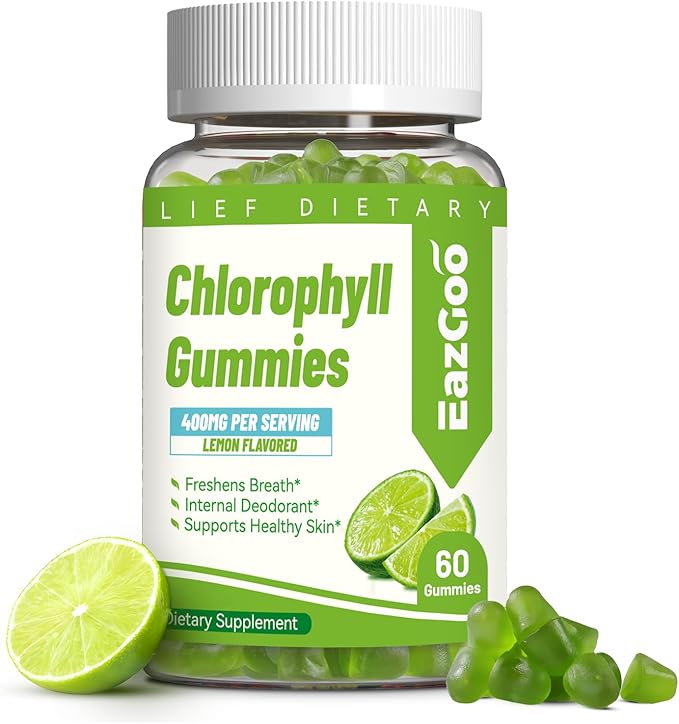 Chlorophyll Gummies for Body Odor Deodorant*, Sugar Free Chewable Chlorophyll for Immune Support Women Vegan, 60 Count (Lemon)
