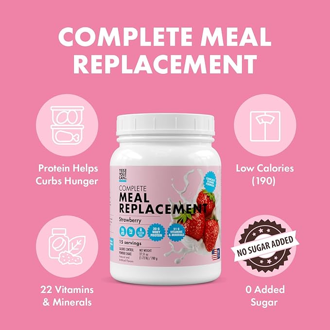 Yes You Can! Complete Meal Replacement - 15 Servings (2 Pack), 20g of Protein, 0g Added Sugars, 22 Vitamins and Minerals - All-in-One Nutritious Meal Replacement Shake (Strawberry)