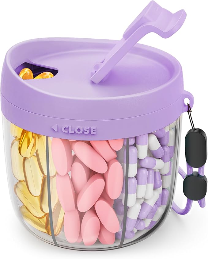 AMOOS Cute Pill Dispenser with 7 Large Compartments, Portable Pill Bottle Organizer with Wide Opening for Easy Use, Anti-Mix Pill Organizer for Travel, BPA-Free Pill Container, Purple