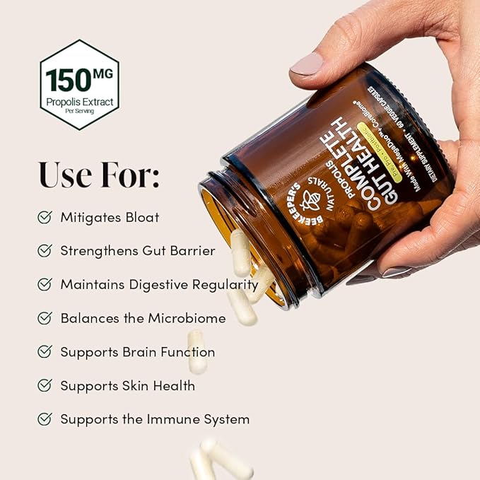 Complete Gut Health by Beekeeper's Naturals, 3-in-1 Prebiotic, Postbiotic, Probiotics for Digestive Health & Bloating Relief for Women & Men, Propolis Powered, Gluten-Free Vegan Capsules, 60ct
