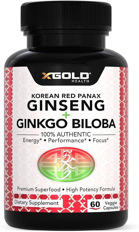 X Gold Health Korean Red Panax Ginseng + Ginkgo Biloba – 7% Ginsenosides Extra Strength – Energy, Memory, Focus & Brain Support – Premium Supplement for Men & Women – Non-GMO, 60 Vegan Capsules
