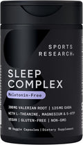 Sports Research® Sleep Complex- Melatonin-Free Vegan Capsules - with Valerian Root, GABA, L-Theanine, Magnesium & 5-HTP - 30 Servings