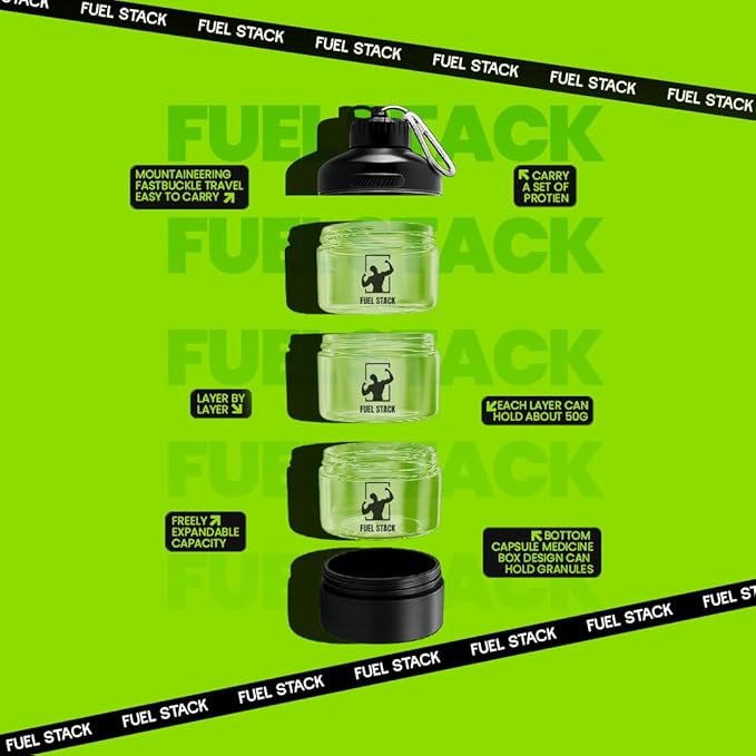 FuelStack Portable Protein Powder Container – Stackable Supplement Storage with Pill Organizer for Gym & Travel (Black)
