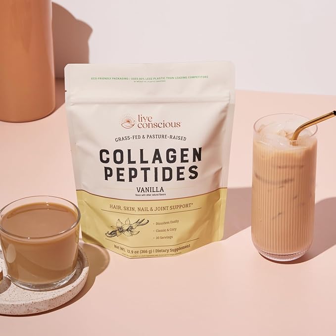 Live Conscious Collagen Peptides Powder - Vanilla Flavored Collagen Powder - Hair, Skin, Nail, & Joint Support - Type I & III Grass-Fed Collagen Supplements for Women and Men - 30 Servings - 13oz