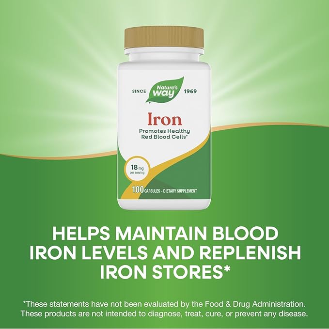 Nature's Way Iron, Promotes Healthy Red Blood Cells*, 18 mg from Iron Gluconate Per Serving, Gluten Free, 100 Capsules (Packaging May Vary)