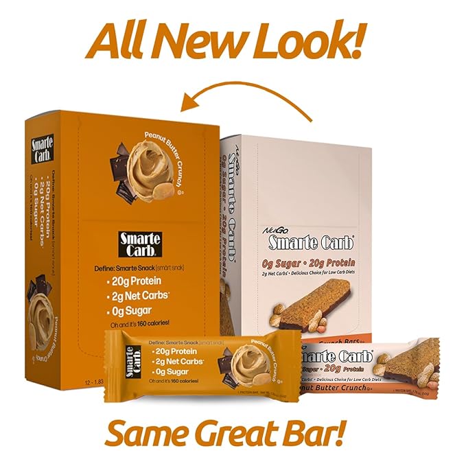 NuGo Smarte Carb 20g Protein 0g Sugar, 2g Net Carbs 160 Calories Brown, Sugar free Peanut Butter Crunch, 12 Count