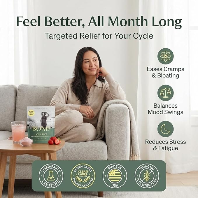 BOND Cycle Care – PMS Support Supplement & Hormone Balance for Women – Cortisol Reducer with Ashwagandha, L-Tryptophan, Magnesium, Turmeric Extract & Glutathione for Mood & Cycle Relief, 28 Servings