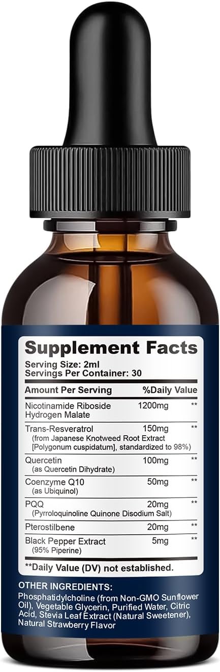 Liposomal NAD Supplement - 1200mg NAD+ Liquid Drops for Women & Men, Nicotinamide Riboside with Resveratrol, PQQ, CoQ10, Quercetin for Anti-Aging, Brain & Cellular Mitochondrial, Strawberry 4 Fl Oz