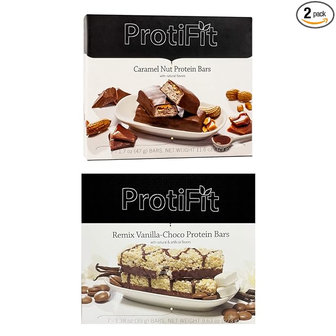 PROTIFIT - Low Calorie Caramel Nut & Remix Vanilla-Choco Protein Bar 2 Pack, High Protein, 15g Protein, Low Carb, Low Sugar, Ideal Protein Compatible, 7 Servings Per Box, (2 Pack)