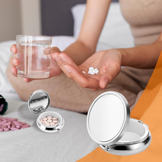 WLLHYF Pill Box Cute Small Pill Box for Purse & Pocket Medicine Organizer Travel Pillbox Waterproof Pill Case Metal Pill Container Holder for Vitamins, Fish Oil, Supplements(Silver)